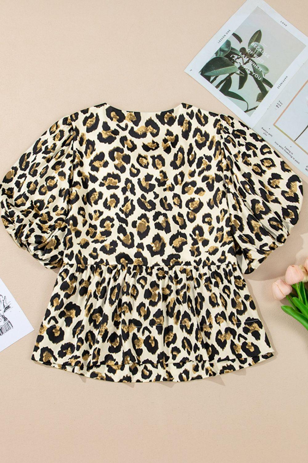 Leopard Bow Tie Front Puff Sleeve Peplum Blouse - Clothes For Her Online Store