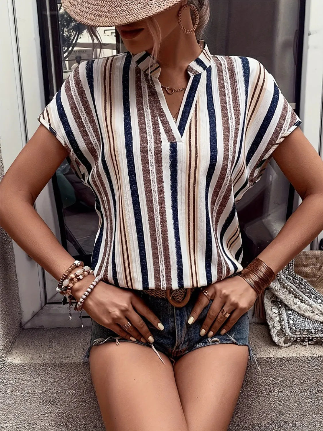 Striped Notched Short Sleeve Shirt
