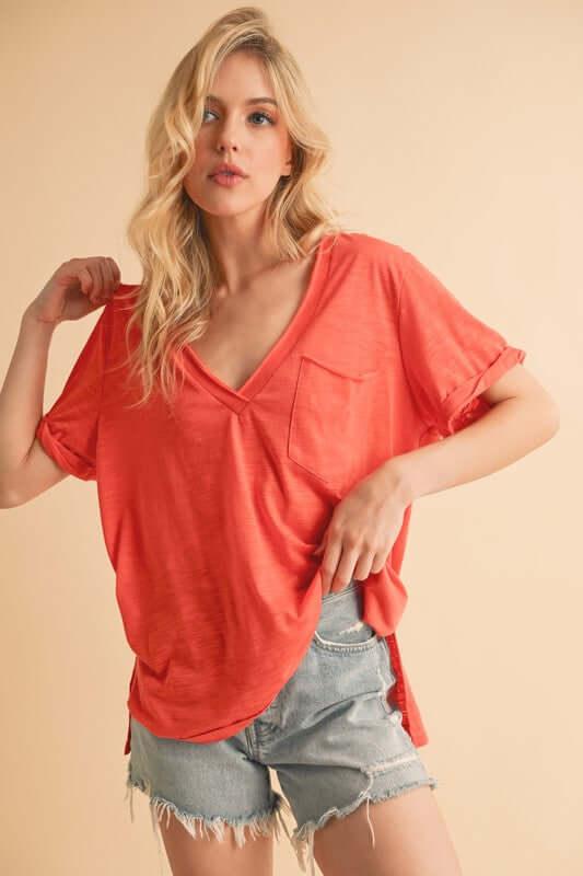 Aemi + Co Side Slit V-Neck Short Rolled Sleeve T-Shirt - Clothes For Her Online Store