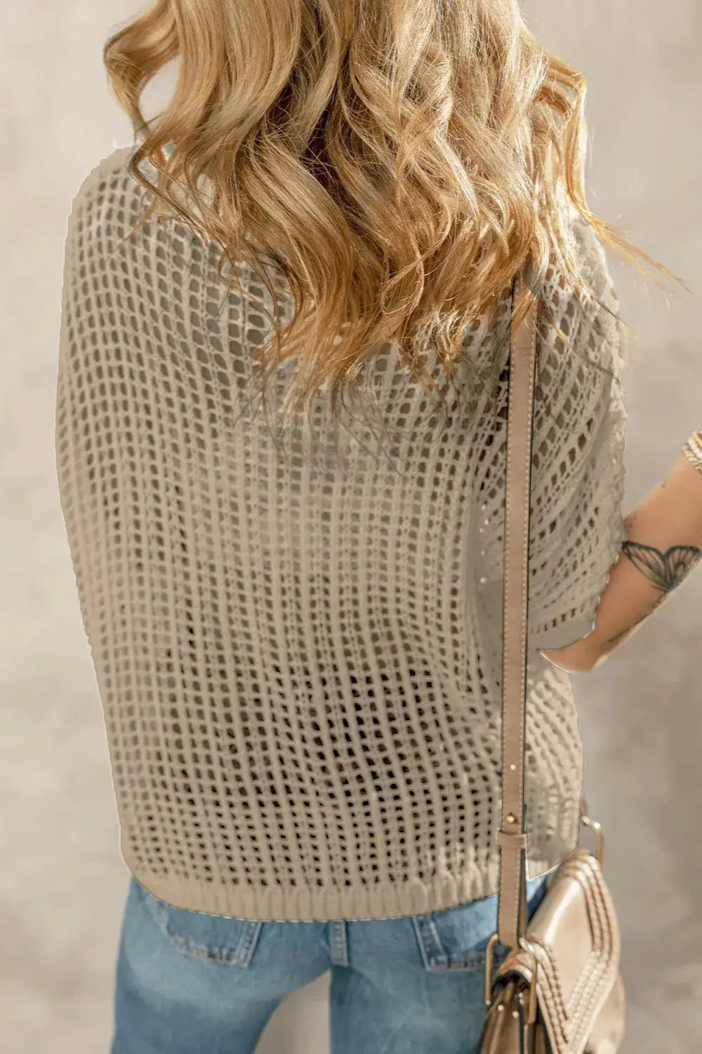 Openwork Round Neck Half Sleeve Knit Cover Up - Clothes For Her Online Store