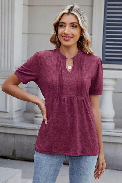 Notched Short Sleeve Solid Color Top - Clothes For Her Online Store