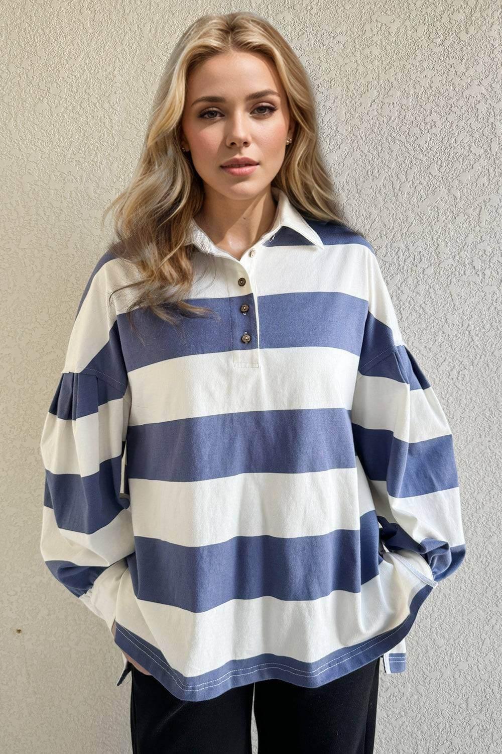 Oh Pima Cotton Wash Wide Striped Collared Neck Long Sleeve Top - Clothes For Her Online Store