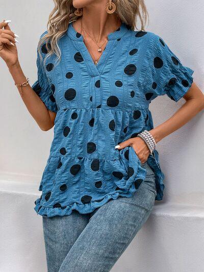 Perfee Polka Dot Notched Short Sleeve Shirt - Clothes For Her Online Store