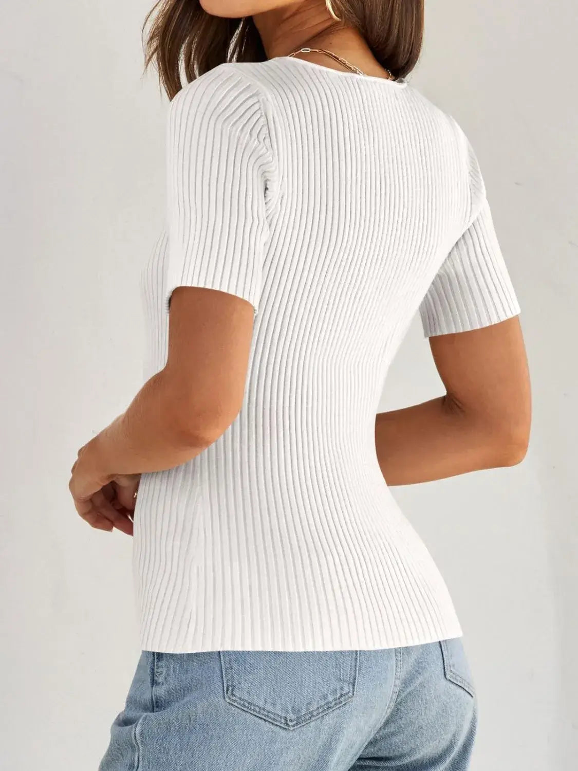 Ribbed Square Neck Short Sleeve Knit Top