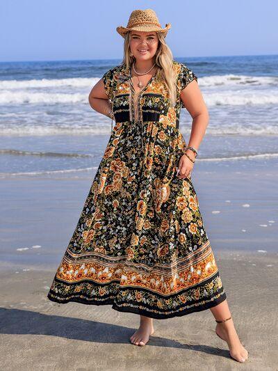 Plus Size Printed V-Neck Ruffle Cap Sleeve Maxi Dress - Clothes For Her Online Store
