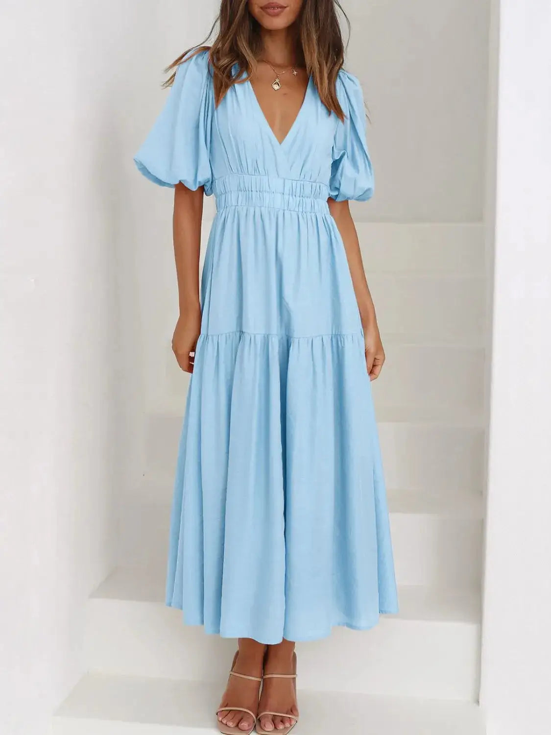 V-Neck Puff Sleeve Midi Dress - Clothes For Her Online Store