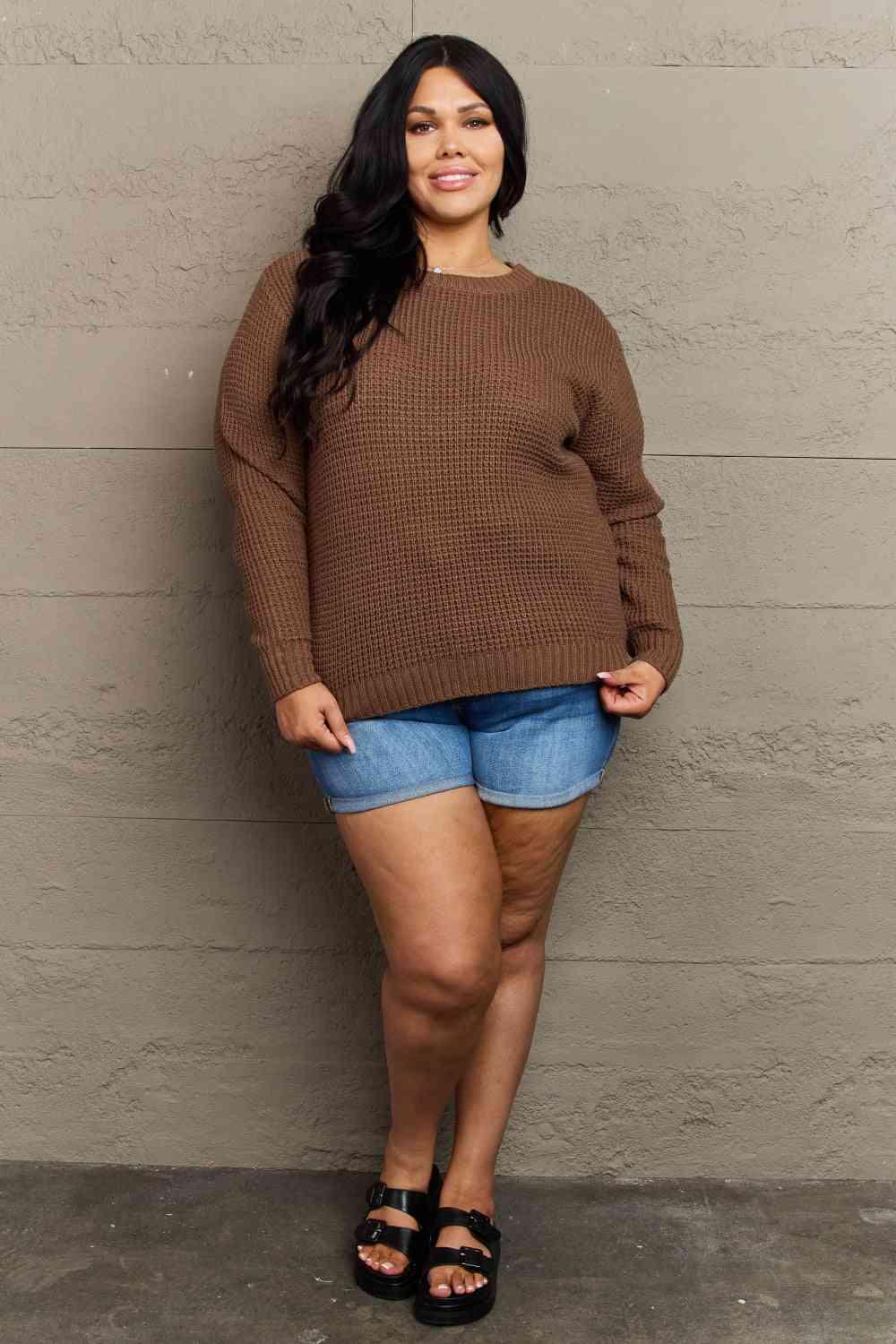 Zenana Breezy Days Plus Size High Low Waffle Knit Sweater - Clothes For Her Online Store
