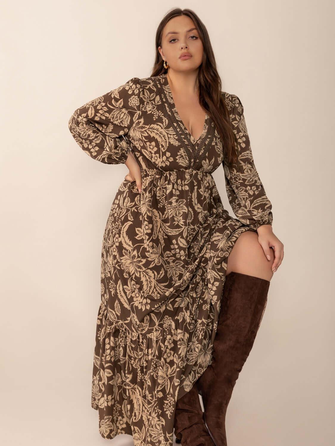 Plus Size Printed V-Neck Balloon Sleeve Maxi Dress - Clothes For Her Online Store
