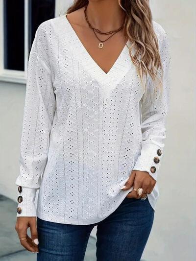 Eyelet V-Neck Long Sleeve Blouse - Clothes For Her Online Store