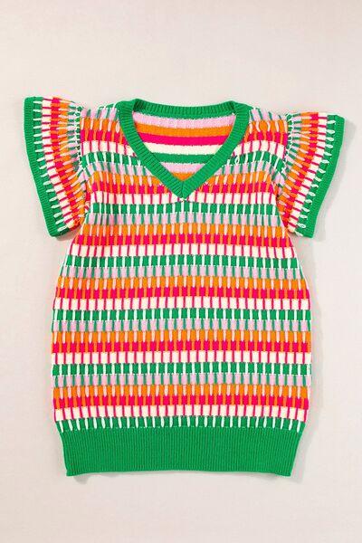 Contrast Striped V-Neck Knit Top - Clothes For Her Online Store
