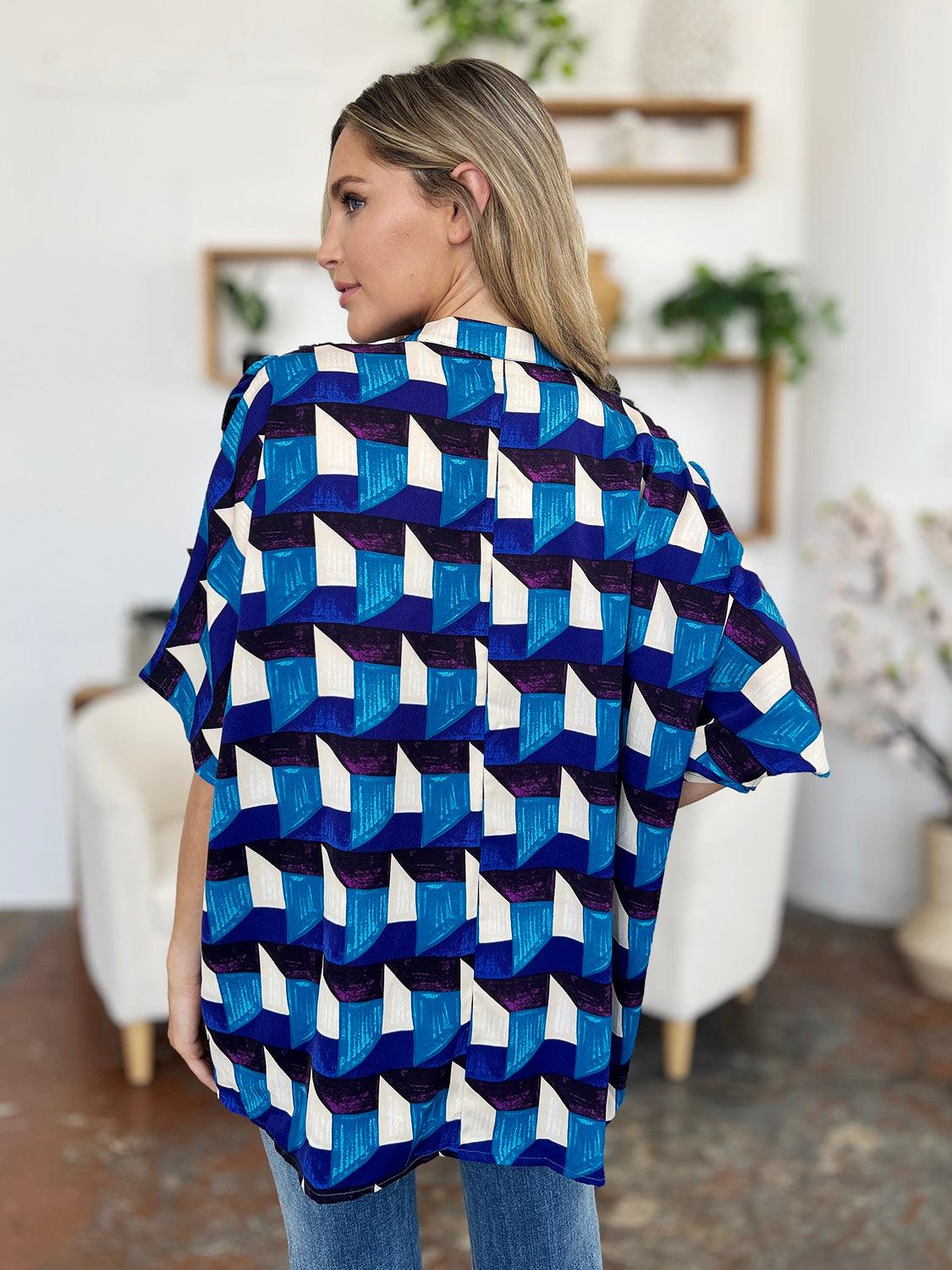 Double Take Full Size Geometric Notched Half Sleeve Blouse - Clothes For Her Online Store