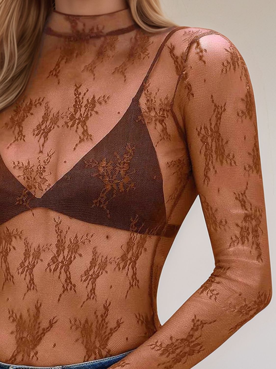 Floral Mock Neck Long Sleeve Mesh Top - Clothes For Her Online Store