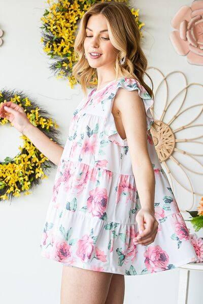 Heimish Full Size Butterfly Short Sleeve Round Neck Floral Print Tiered Top Plus Size - Clothes For Her Online Store