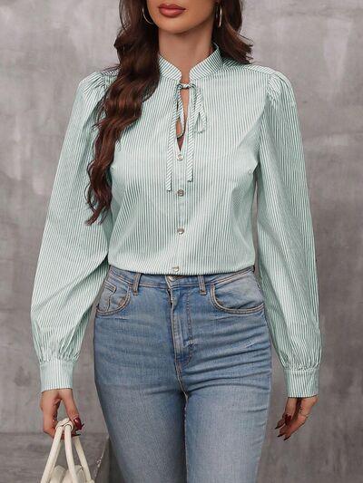 Striped Tie Neck Long Sleeve Shirt - Clothes For Her Online Store