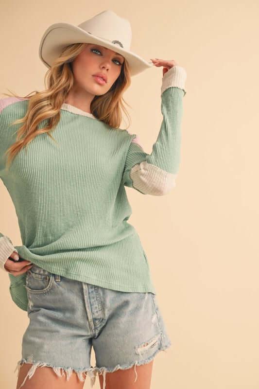 Aemi + Co Raw Seam Color Block Round Neck Knit Top - Clothes For Her Online Store