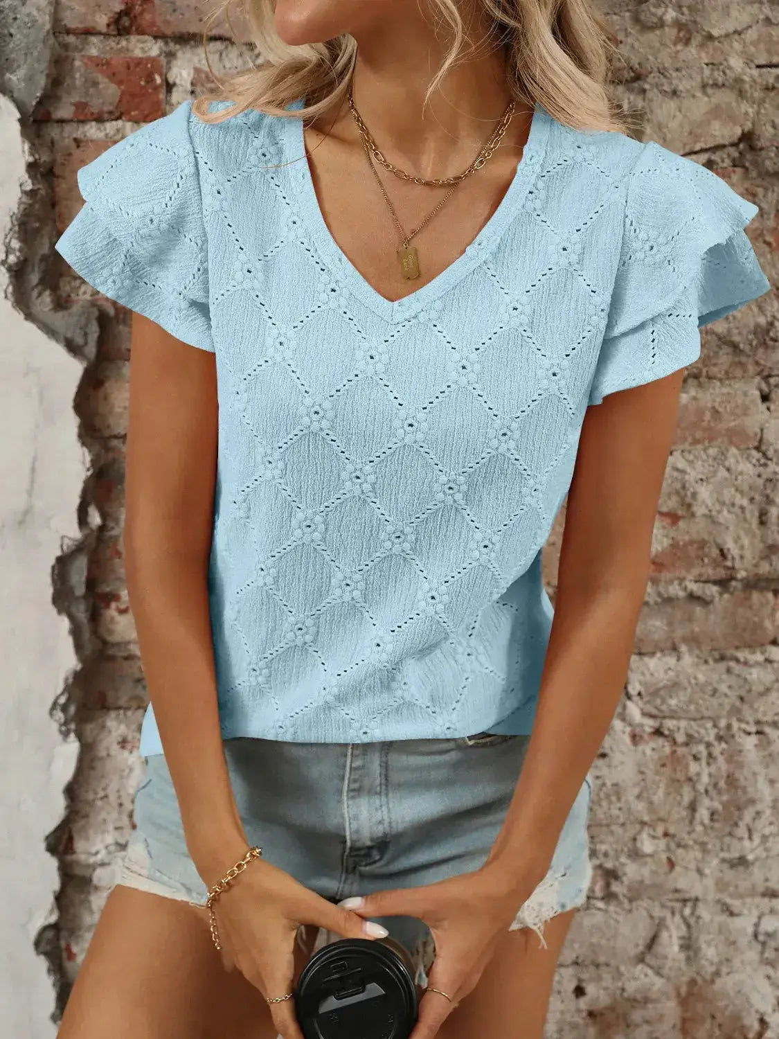 Eyelet V-Neck Ruffled Cap Sleeve Top - Clothes For Her Online Store