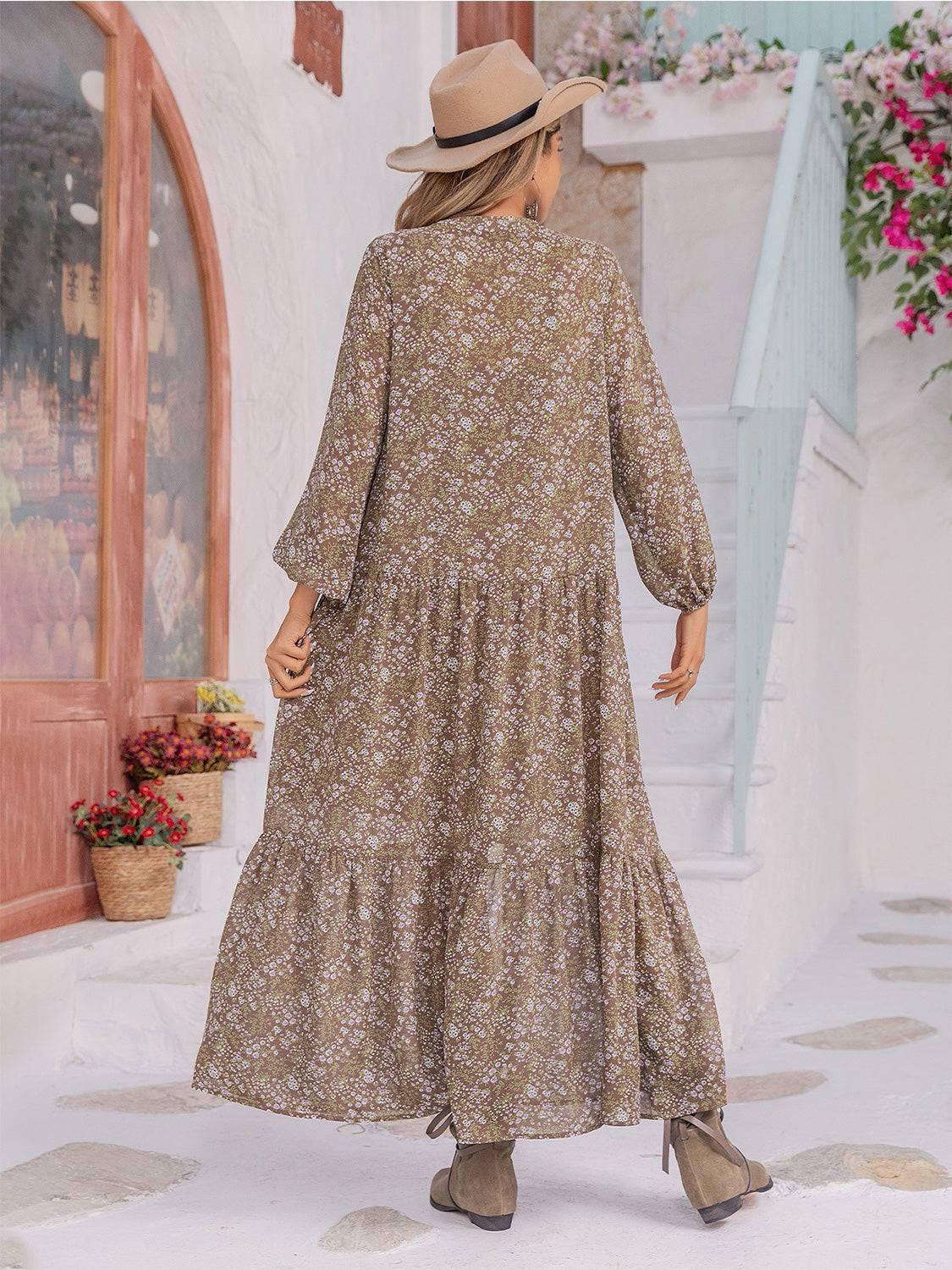 Floral Button Up V-Neck Tiered Dress - Clothes For Her Online Store
