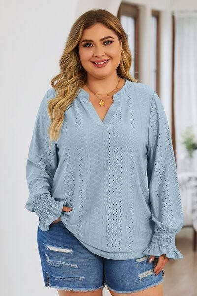 Plus Size Eyelet Notched Flounce Sleeve Blouse - Clothes For Her Online Store