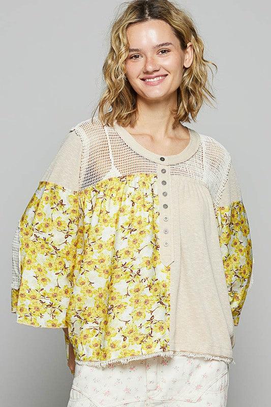 POL Washed Floral Print Crochet Detail Top - Clothes For Her Online Store