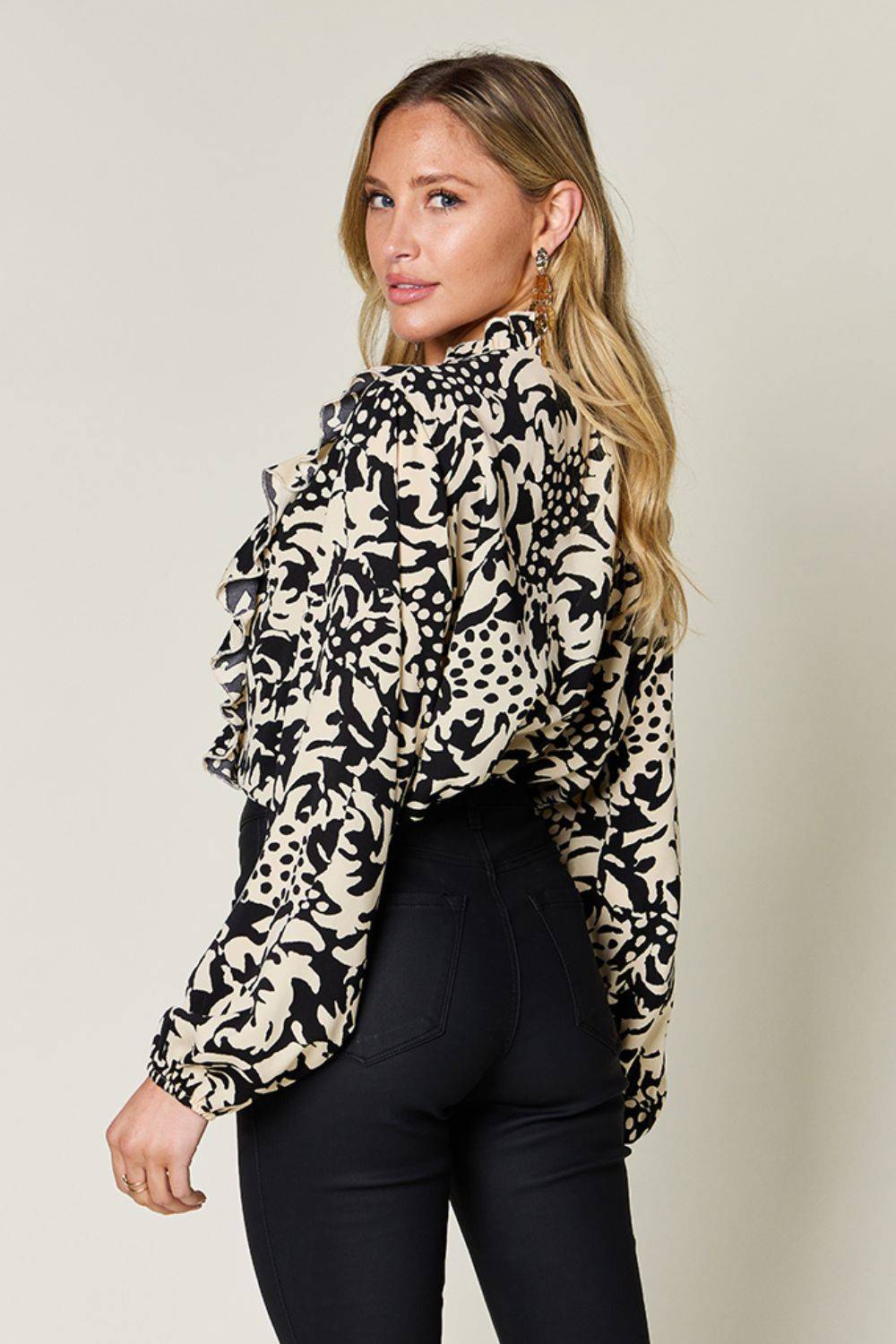 Double Take Full Size Printed Ruffle Trim Balloon Sleeve Shirt - Clothes For Her Online Store