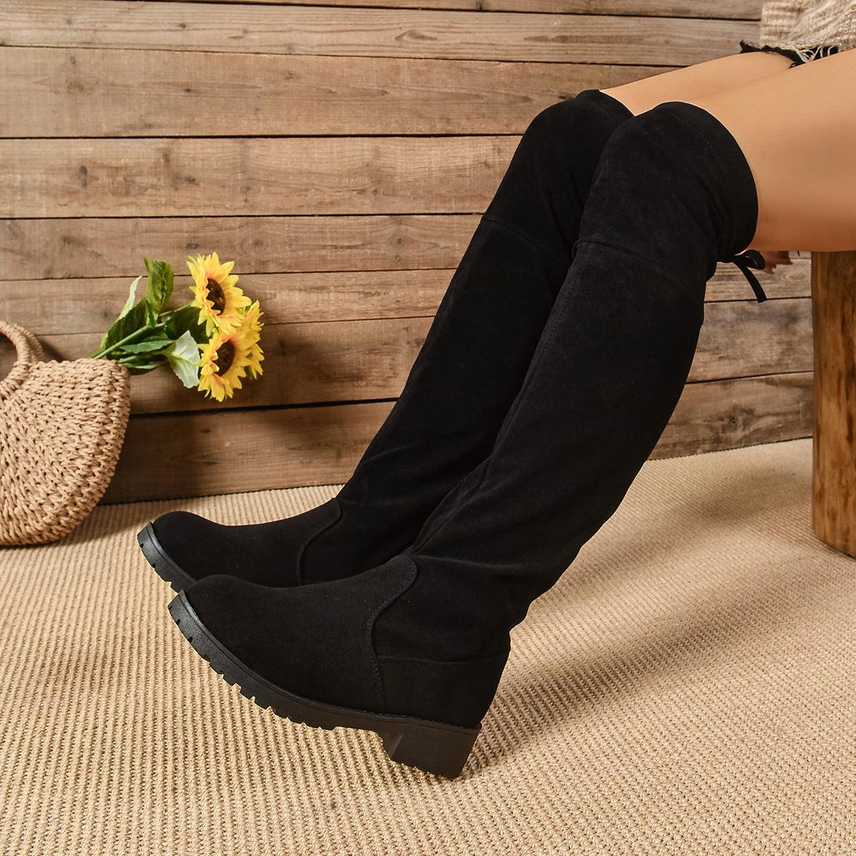 Round Toe Suede Low Heel Boots - Clothes For Her Online Store