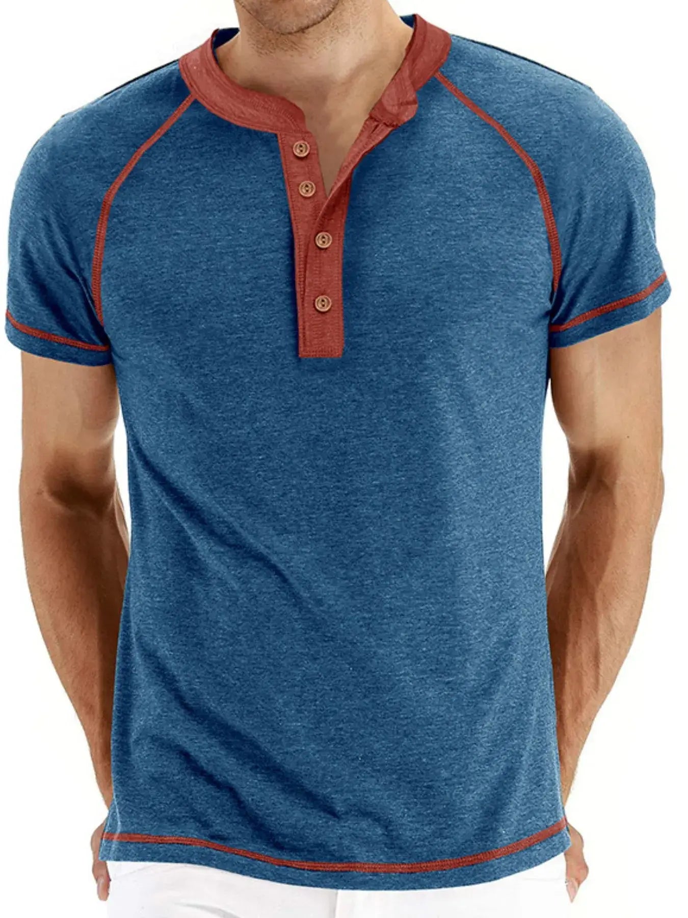 Men's Casual Henley Polo T-Shirt with Contrast Stitching