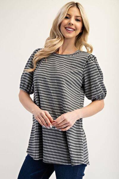 Celeste Full Size Gingham Print Top With Puff Sleeves Plus Size - Clothes For Her Online Store