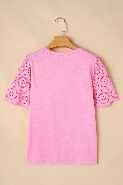 Eyelet Embroidery Scalloped Sleeve Round Neck Top - Clothes For Her Online Store