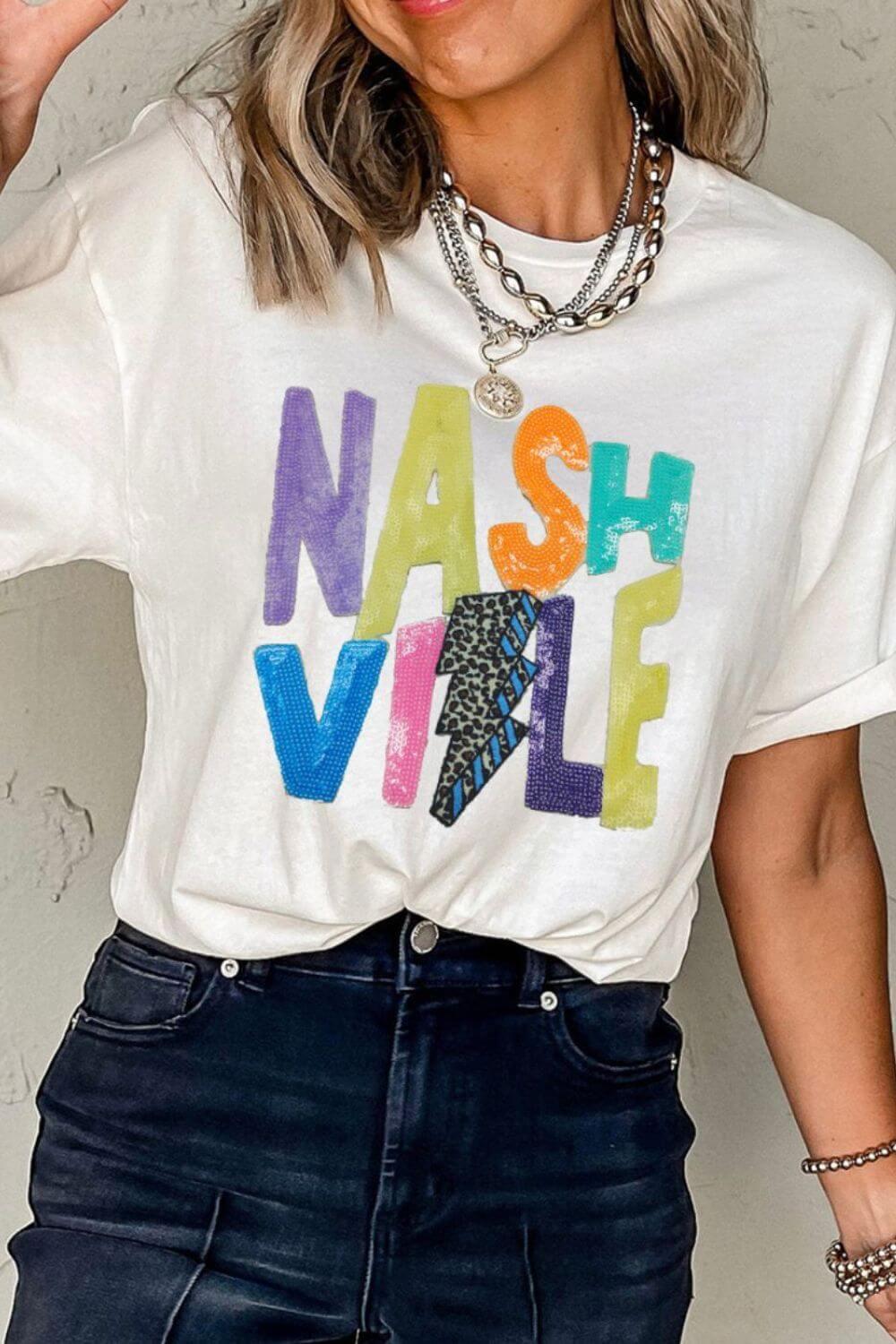 Lightening NASHVILLE Sequin Round Neck T-Shirt - Clothes For Her Online Store