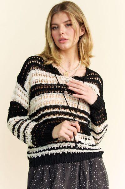 Davi & Dani Contrast Striped Crochet Drop Shoulder Knit Cover Up - Clothes For Her Online Store