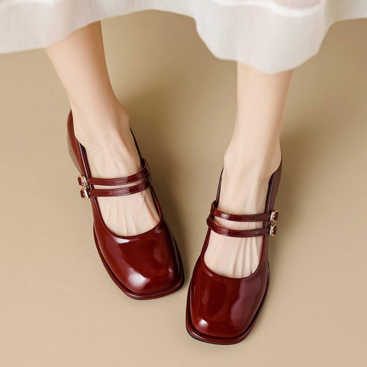 Double Buckle Strap Square Toe Mary Jane Heels - Clothes For Her Online Store