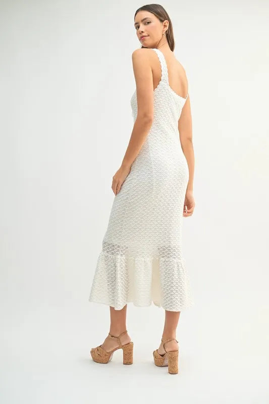MABLE Ruffled Hem Sleeveless Crochet Knit Midi Dress