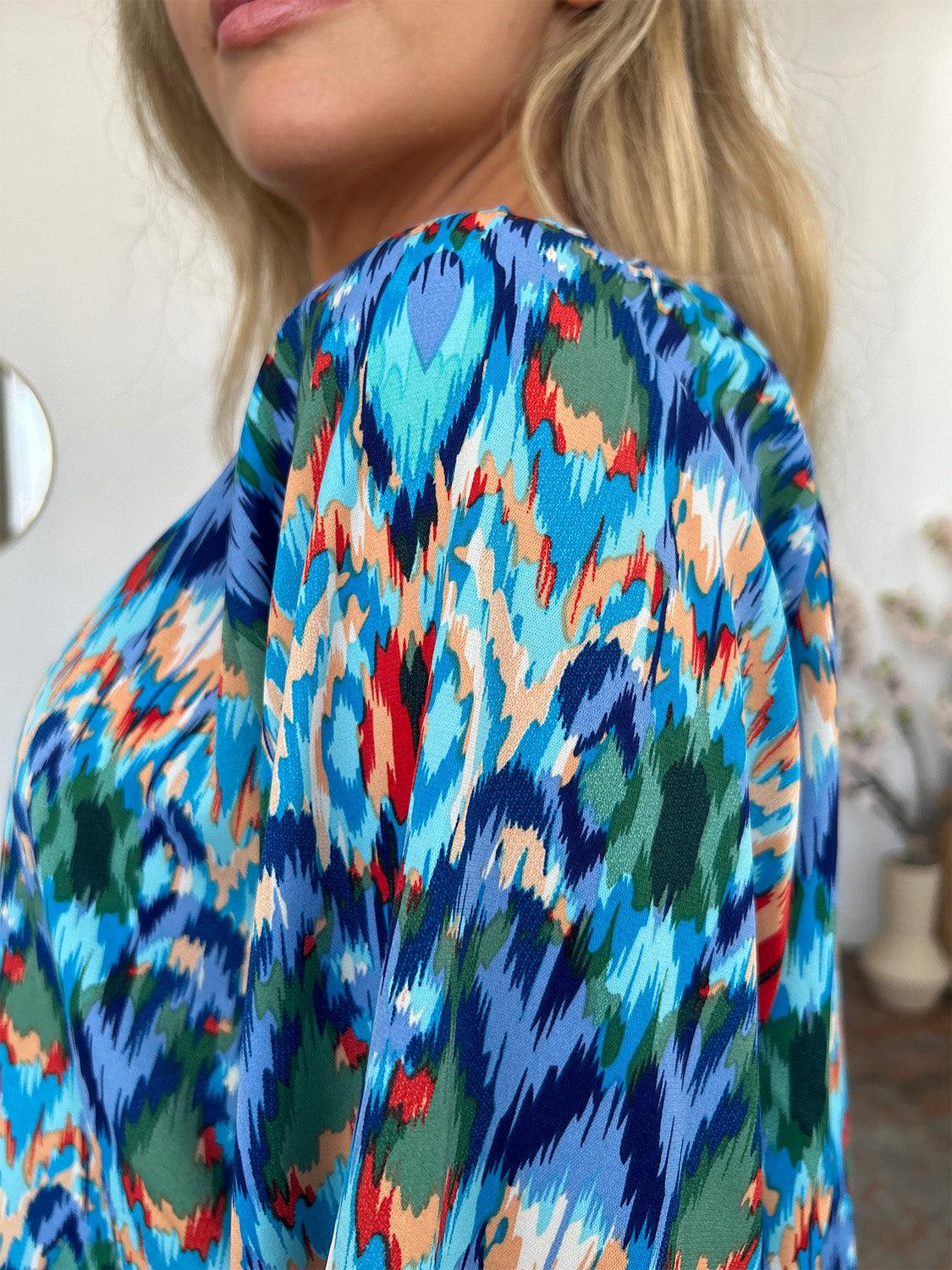 Double Take Full Size Printed Balloon Sleeve Blouse - Clothes For Her Online Store