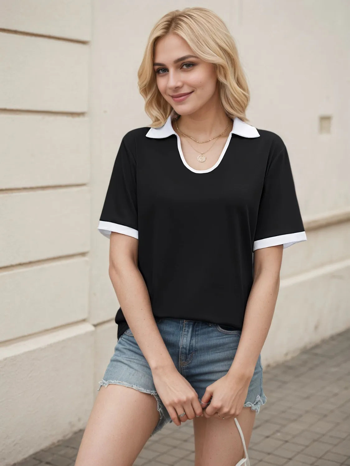 Collared Neck Short Sleeve Top