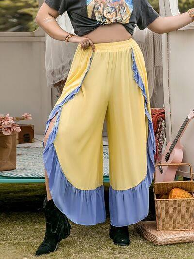 Plus Size Contrast Ruffled Wide Leg Pants - Clothes For Her Online Store