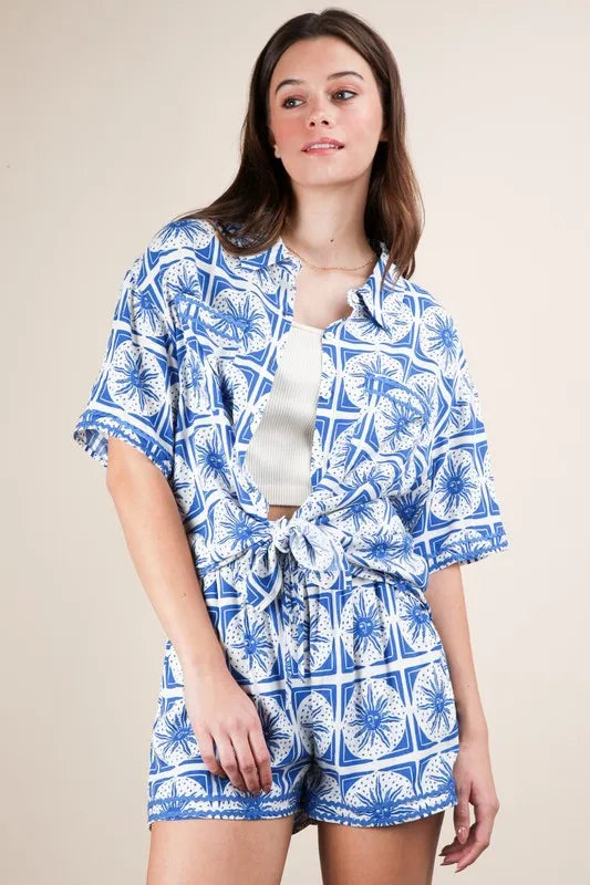VERY J Full Size Tropical Printed Shirt Top and Shorts Set Plus Size