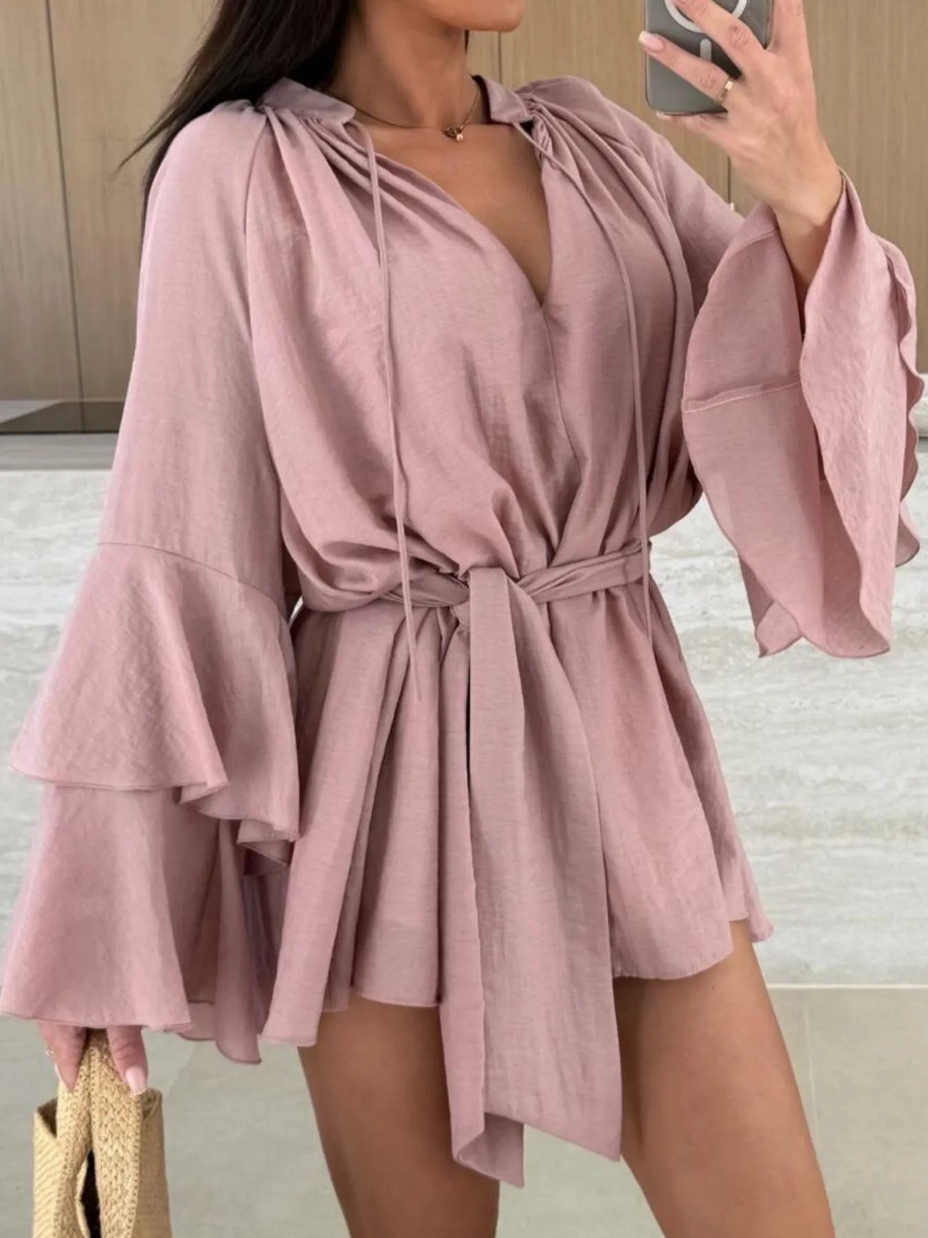 Bell Sleeve Tie Waist Mini Shirt Dress