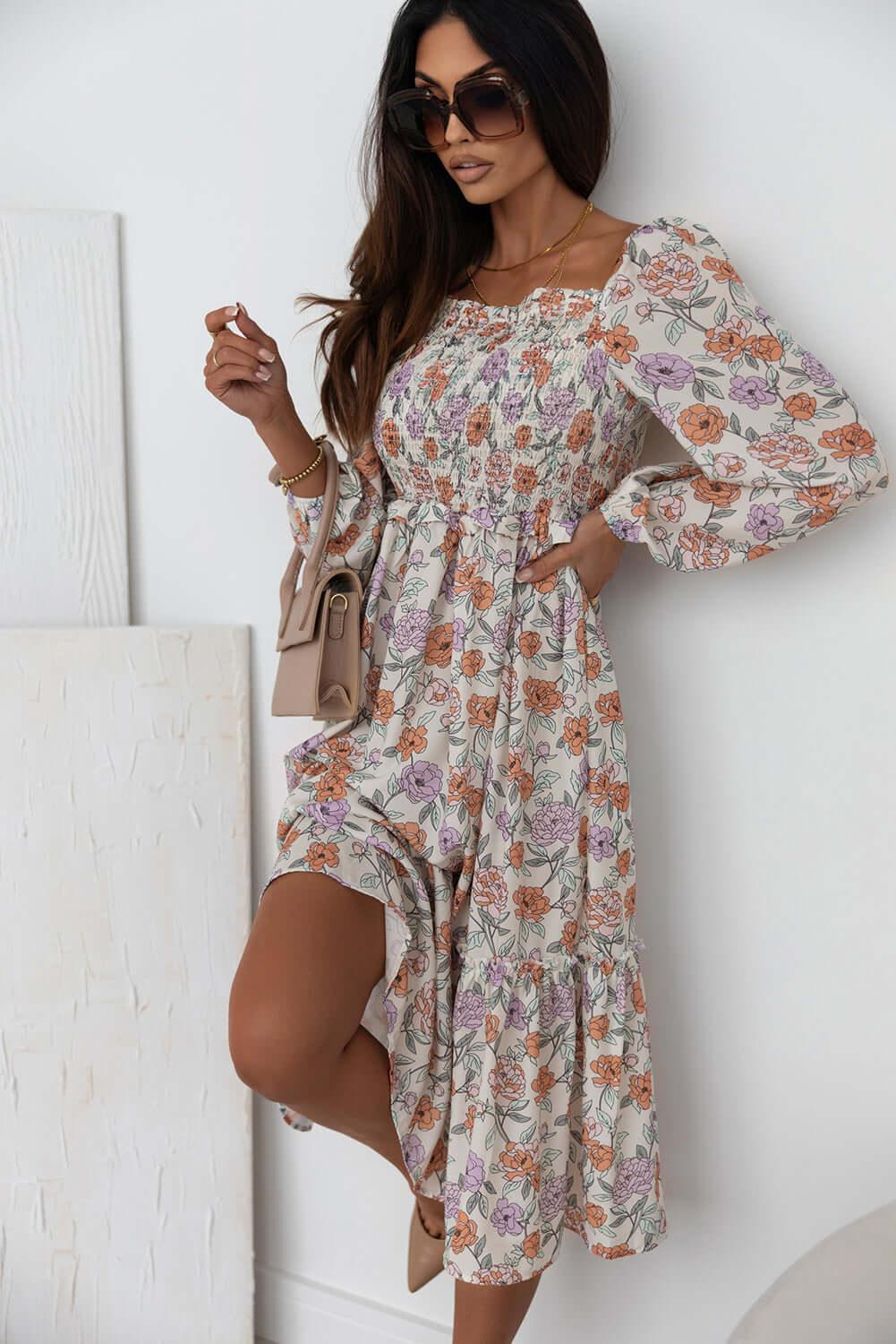 Floral Smocked Square Neck Dress - Clothes For Her Online Store
