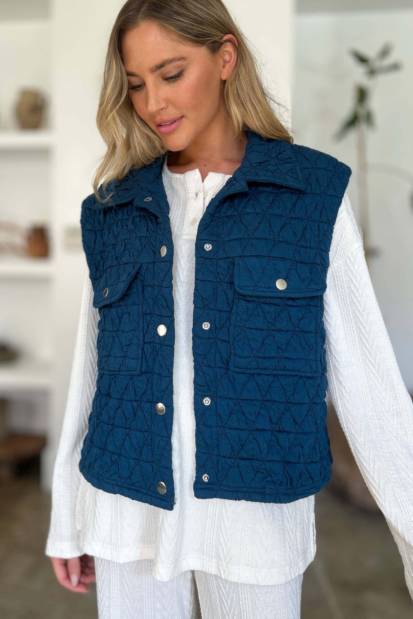 Double Take Full Size Pocketed Texture Snap Down Vest Coat - Clothes For Her Online Store