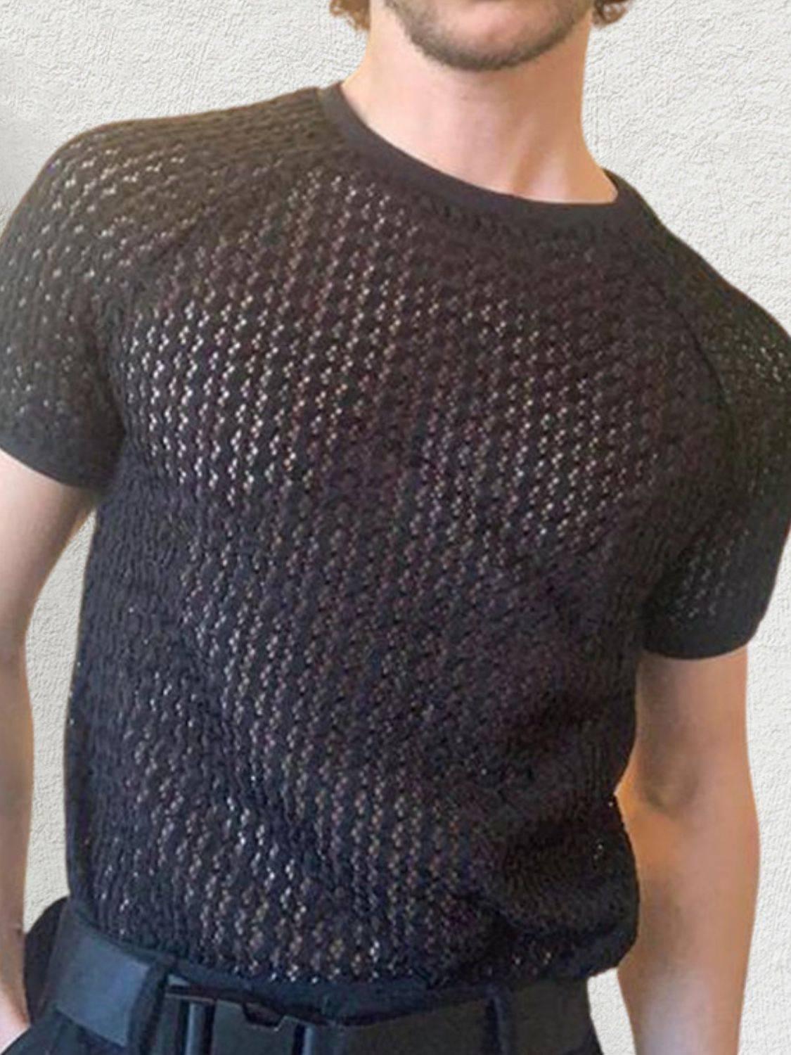 Men's Openwork Round Neck Short Sleeve T-Shirt - Clothes For Her Online Store