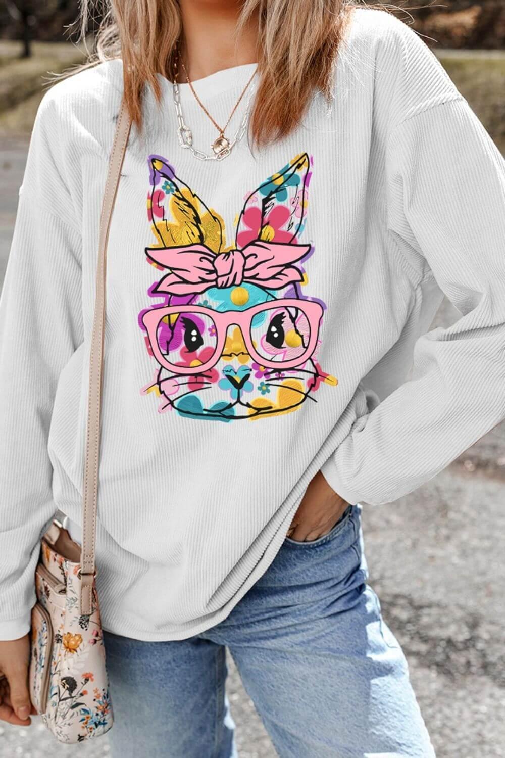 Bunny Graphic Round Neck Sweatshirt - Clothes For Her Online Store