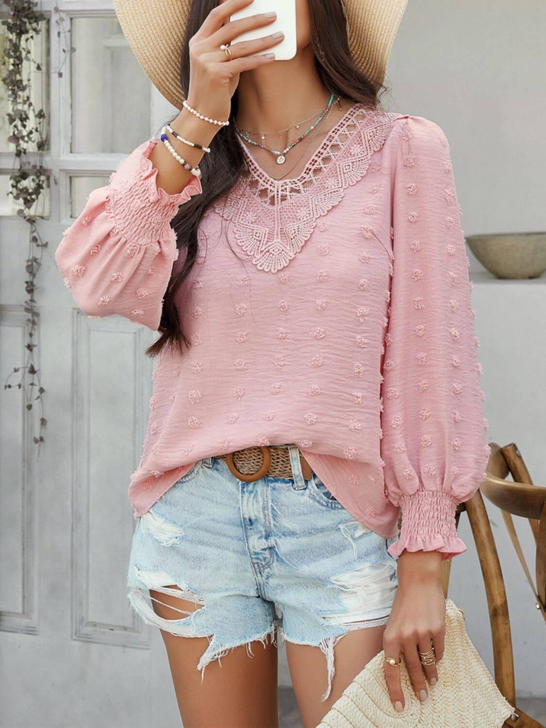 Devine Swiss Dot Lace Detail V-Neck Long Sleeve Blouse - Clothes For Her Online Store