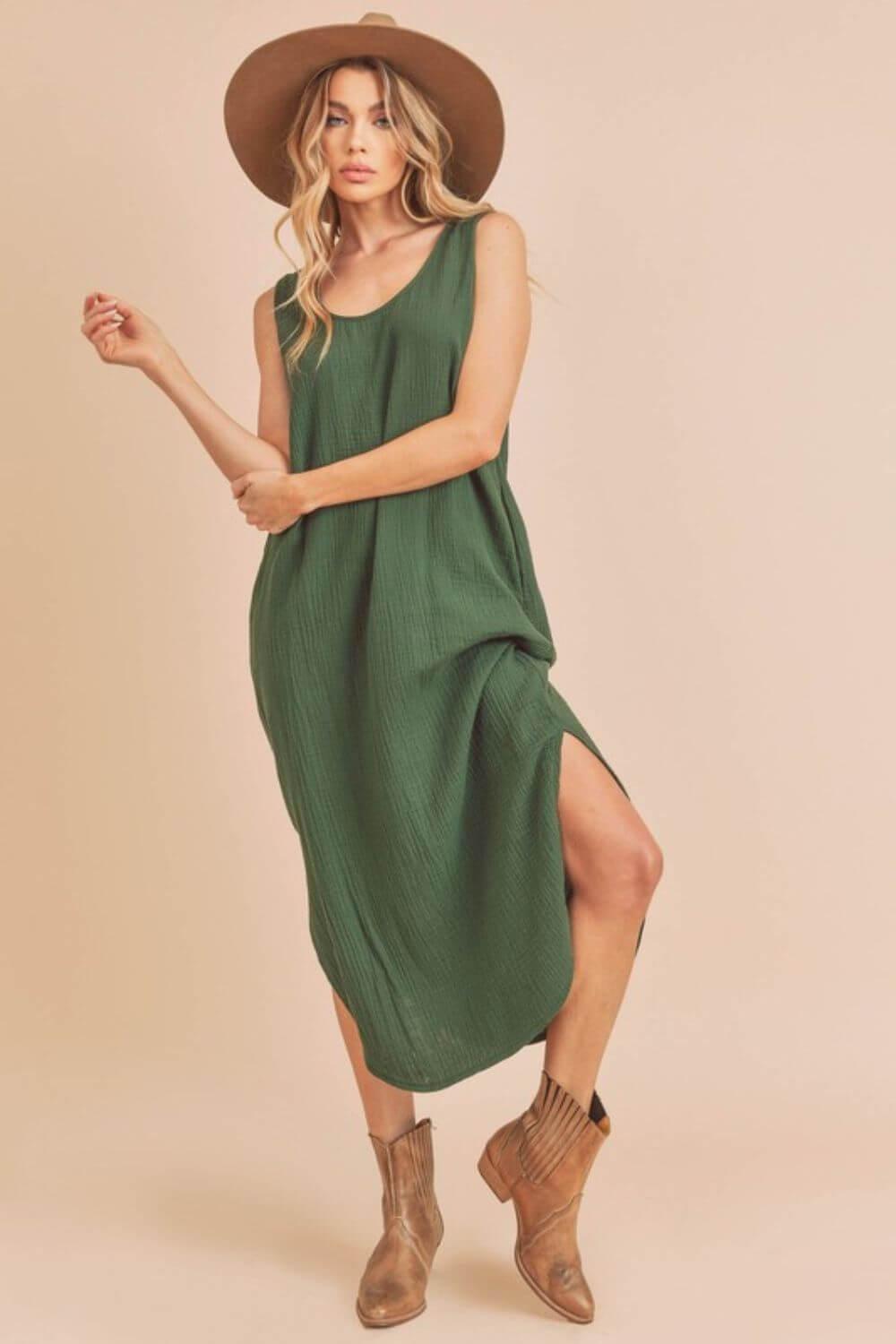 Aemi + Co Round Neck Midi Tank Dress with Pockets - Clothes For Her Online Store