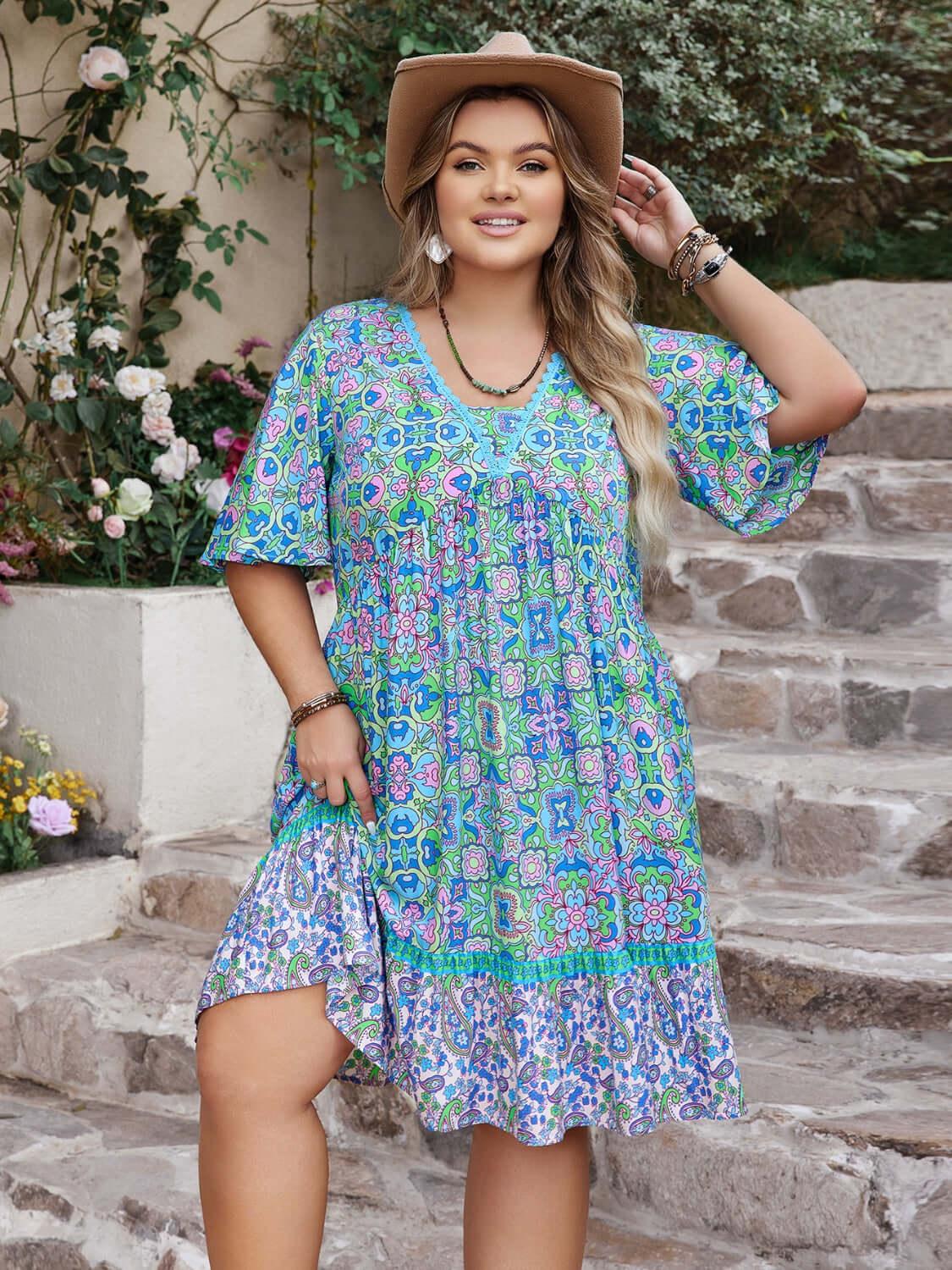 Plus Size Ruffled Hem Lace Detail Printed Half Sleeve Dress - Clothes For Her Online Store