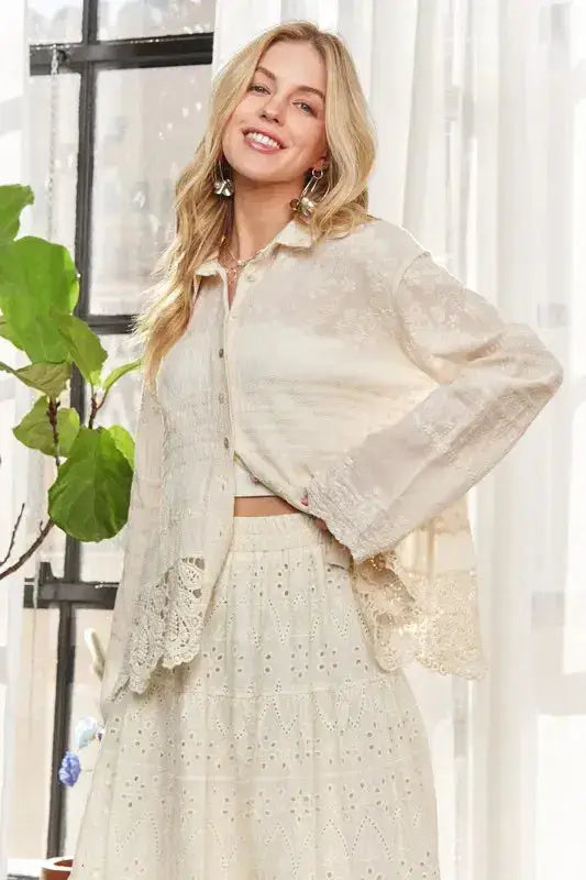 ADORA Crochet Lace Long Sleeves Button Down Shirt - Clothes For Her Online Store