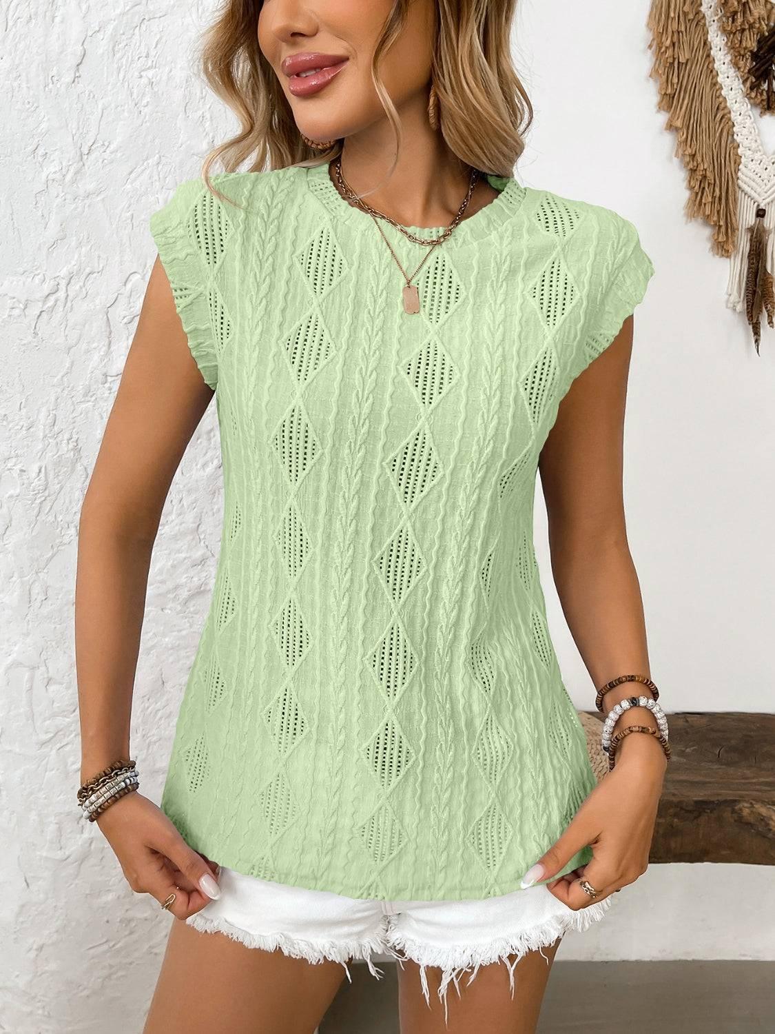 Eyelet Round Neck Cap Sleeve Top - Clothes For Her Online Store