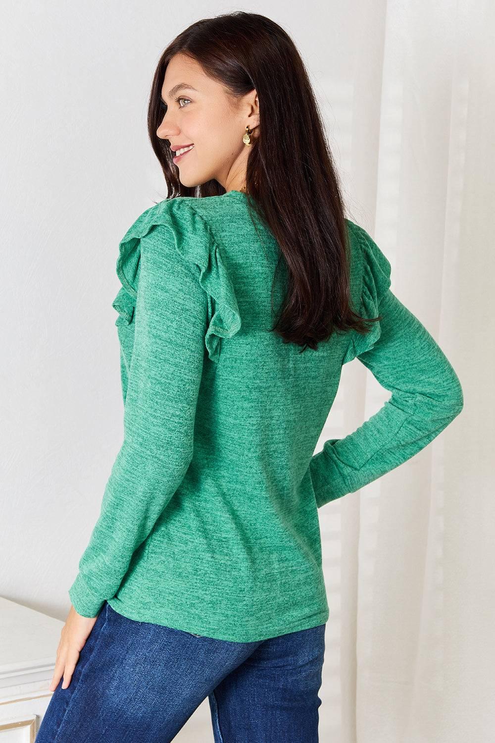 Double Take Ruffle Shoulder Long Sleeve T-Shirt - Clothes For Her Online Store