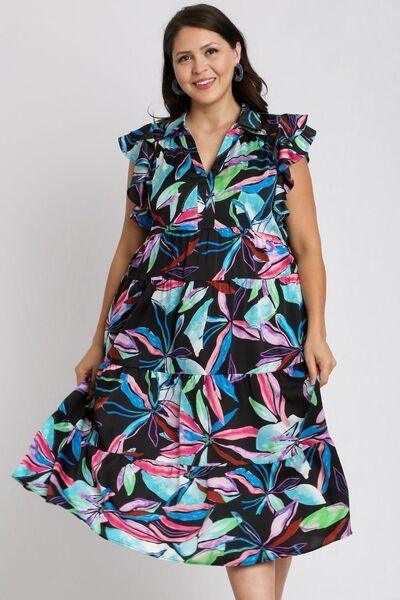Umgee Full Size Leaf Print Double Layered Ruffle Sleeve Tiered Midi Dress Plus Size - Clothes For Her Online Store