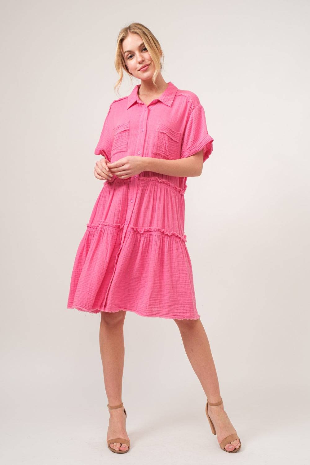 And The Why Full Size Raw Edge Washed Tiered Shirt Dress - Clothes For Her Online Store