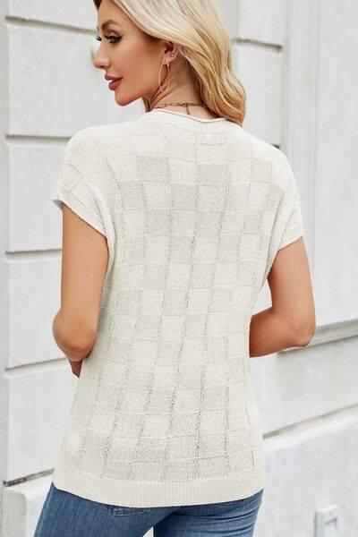 Checkered Round Neck Short Sleeve Knit Top - Clothes For Her Online Store